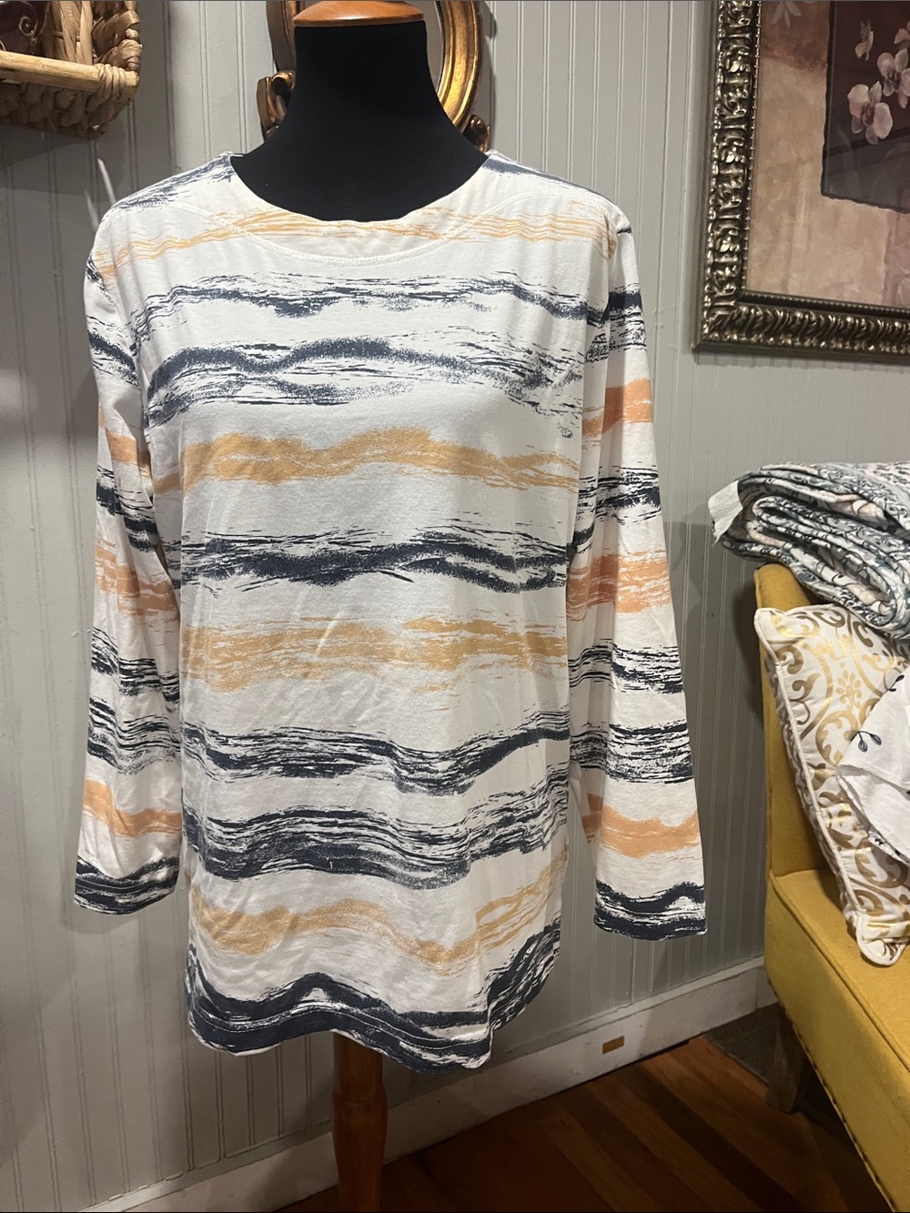 Women's Striped Long-Sleeve Scoop Neck Dress - White, Gray & Tan